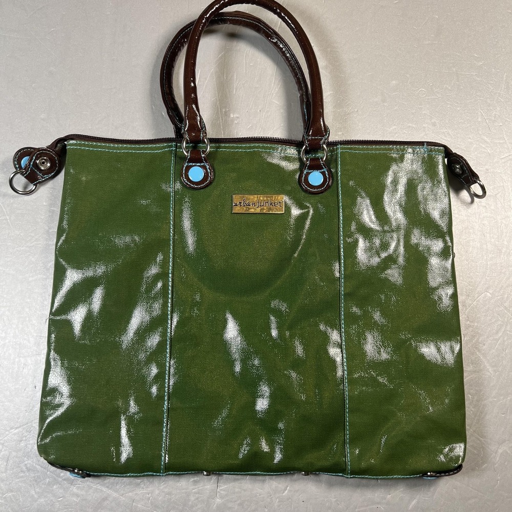 Urban Junket Tote Bag Womens Green Brown Handles Blue Lining Laptop Shoulder